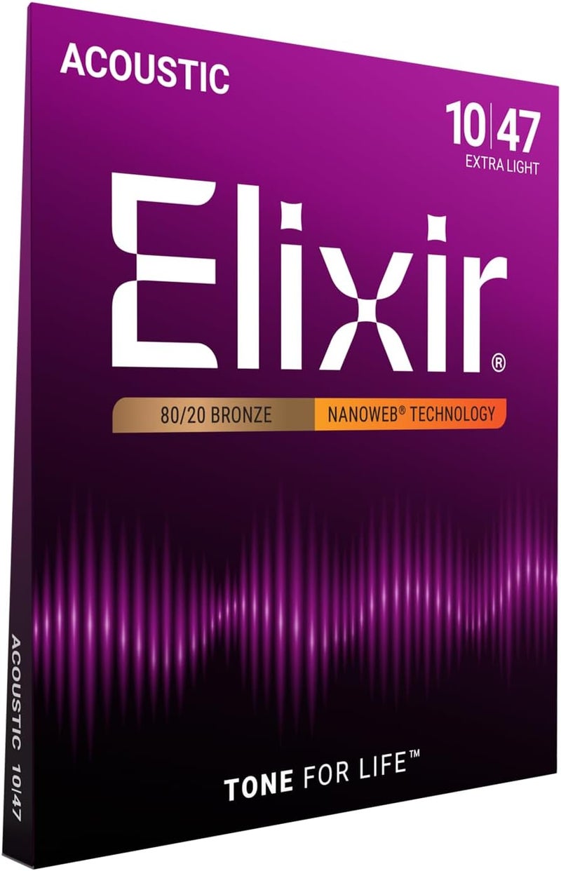 Elixir Strings 80/20 Bronze Acoustic Guitar Strings with NANOWEB Coating, Extra Light (.010-.047) - Image 1